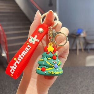 Cute Christmas Tree Keychain with Red Strap